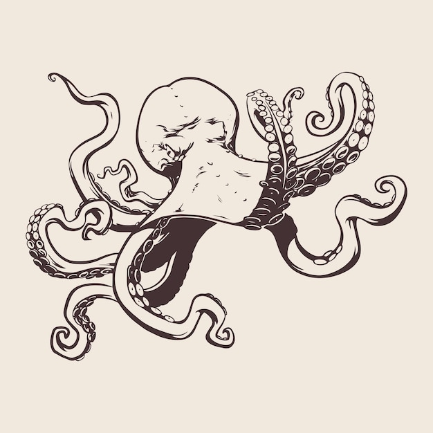 Oktopus auf beigefarbenem hintergrund in handgezeichnetem stil für druck und design vektorillustration