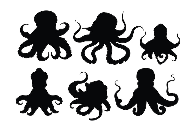 Oktopus mit Tentakeln in verschiedenen Positionen, Silhouetten-Set-Vektor. Große Sammlung von Oktopus-Silhouetten auf weißem Hintergrund. Meeresbewohner wie Kraken oder Tintenfische, Ganzkörper-Silhouettenbündel