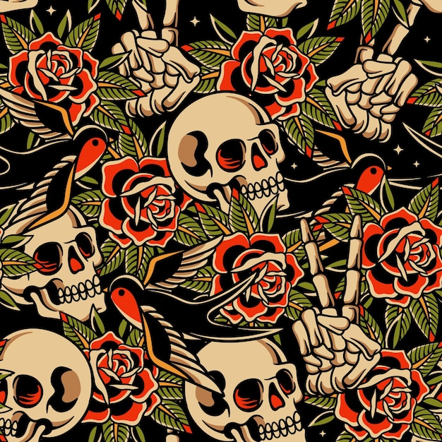 Old-School-Tattoo-Design mit nahtlosem Muster