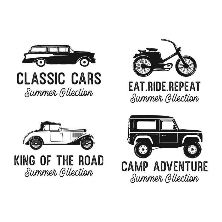 Oldtimer-Abzeichen mit verschiedenen modernen und Retro-Fahrzeugen und Inschriften der Sommerkollektion vor weißem Hintergrund