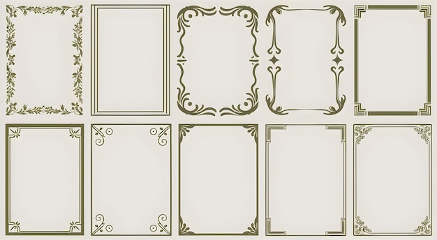 Olivenfarbene rechteckige Rahmenkollektion mit Blumenmotiven, Wirbel und Blüten