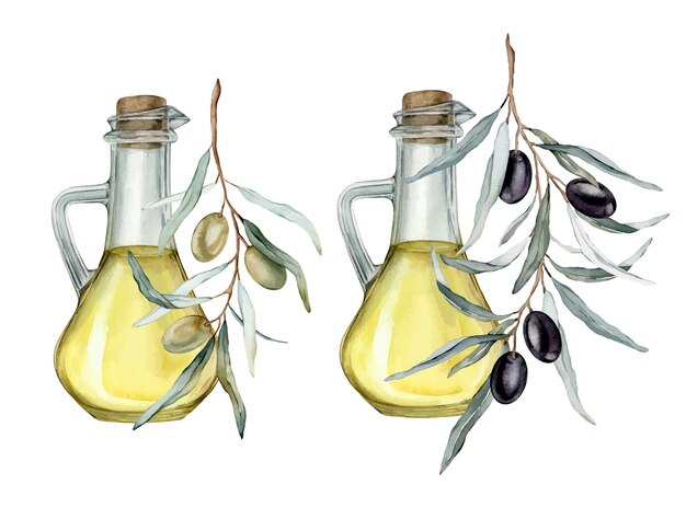 Olivenöl in glasflasche handgezeichneter illustration isolierter hintergrund natürliches frisches organisches gelbes pflanzenöl in glas realistisches aquarellbild reine vegane gewürze für das design