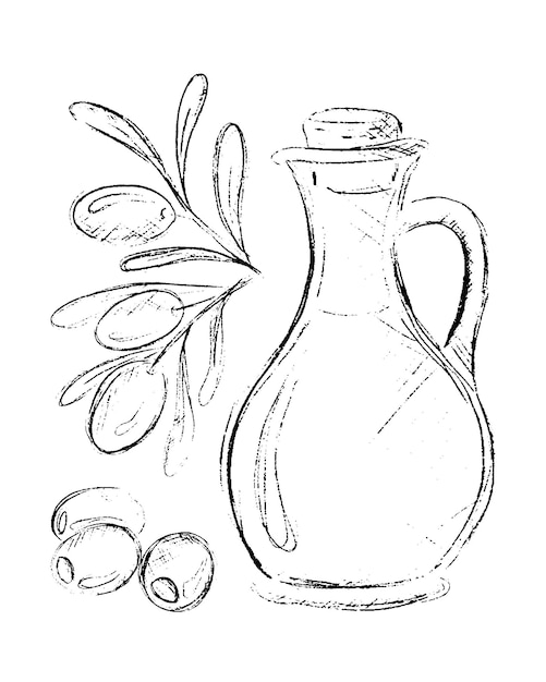 Olivenölflasche mit Olivenzweig Bleistiftzeichnung Vektorillustration