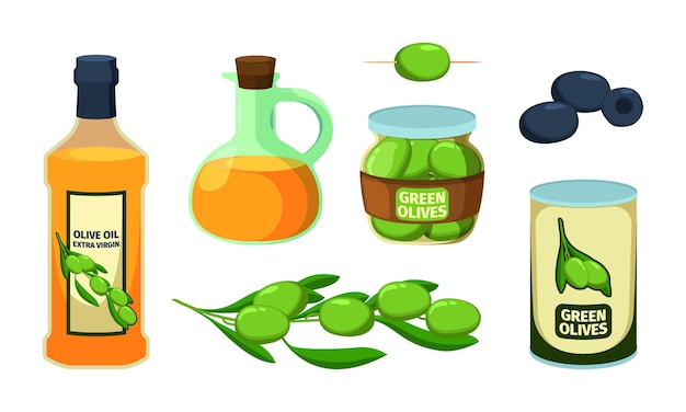 Olivenset griechenland artikel frisches natürliches olivenöl im glas zubereitung von lebensmittelzutaten bio-produkten grelle vektor-cartoon-illustration