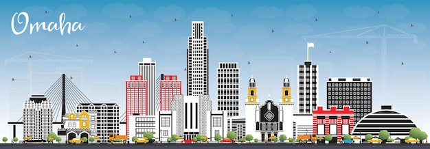 Omaha nebraska city skyline mit farbgebäuden und blauem himmel. illustration