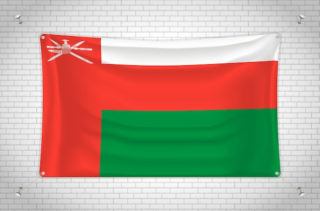 Oman-flagge hängt an der ziegelwand. 3d-zeichnung. fahne an der wand befestigt. ordentlich in gruppen zeichnen