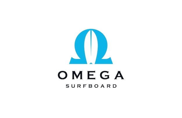 Omega-symbol mit flacher vektorillustration der surfbrettform-logoikonen-designschablone