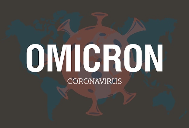 Omicron-coronavirus-symbolbanner. bakterium hintergrund weltkarte auf dunklem hintergrund. vektor