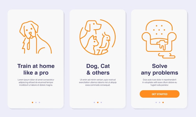 Vektor onboarding-app-bildschirme für das schulungskonzept für haustiere vereinfachte walkthrough-bildschirme für mobile apps