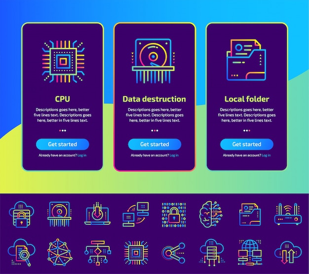 Vektor onboarding-app-bildschirme für data computing, internet-technologie und datensicherungs-illustrationssatz.