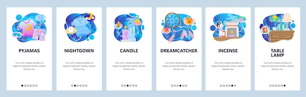 Onboarding-bildschirme der mobilen app nachtschlafsymbole traumfänger kerze schlafanzug menü vektor banner te ...