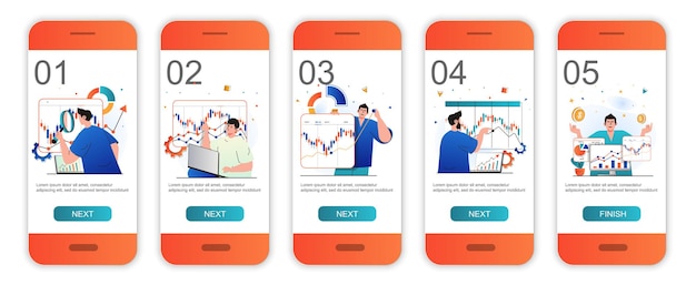 Onboarding-bildschirme für das börsenkonzept für mobile app-vorlagen analyse der finanzdatengrafik