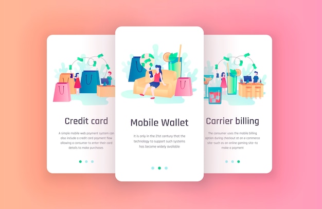 Vektor onboarding-bildschirme für kreditkarten- und mobile wallet-konzepte für finanz-app-vorlagen. moderne fintech-anwendung. persönliches budget, kosten und mobile online-einkaufsmanagement-app vorstellen.