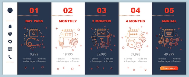 Onboarding-Bildschirme für mobile Apps mit Servicepreisen für die Mitgliedschaft im Fitnessstudio