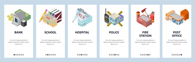 Onboarding-bildschirme für mobile apps. stadtgebäude, bank, polizei, krankenhaus, schule, feuerwache.