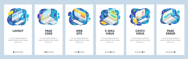 Onboarding-bildschirme für mobile apps website-wireframe isometrische ikonen e-mail-mailware-virusfehler menü-vektor-banner-vorlage für website- und mobile entwicklung website-design flache illustration