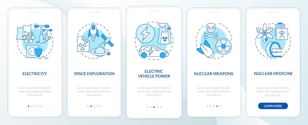 Onboarding der mobilen App-Seite des Kernenergieverbrauchs. Elektrofahrzeug-Energie-Komplettlösung in 5 Schritten mit grafischen Anweisungen und Konzepten. UI-, UX-, GUI-Vektorvorlage mit linearen Farbillustrationen