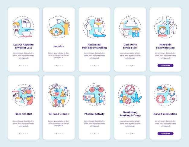 Onboarding der mobilen app-seitenbildschirm für die lebergesundheit mit festgelegten konzepten. komplettlösung zur symptomprävention 5 schritte grafische anweisungen.