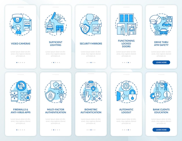 Onboarding des seitenbildschirms der mobilen app für bankensicherheit mit festgelegten konzepten. sicherheit und biometrische anleitung 5 schritte. ui-vorlage mit rgb-farbabbildungen