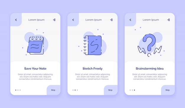 Onboarding icon creative speichern sie ihre notiz skizze frei brainstorming idee kampagne für mobile apps landing template flat style.