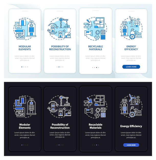 Onboarding mobiler app-seitenbildschirm des zukünftigen bürogebäudes mit konzepten