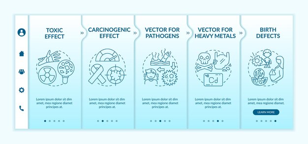 Onboarding-vorlage für gesundheitliche auswirkungen von mikroplastik. responsive mobile website mit symbolen