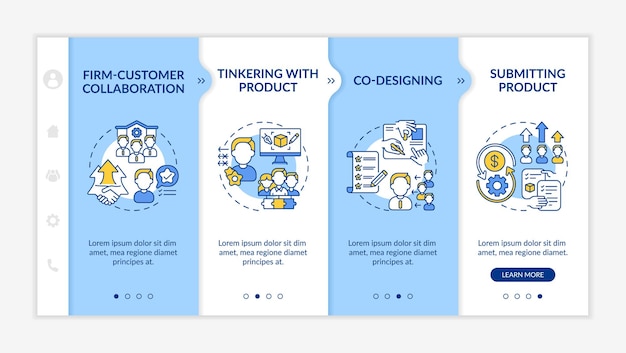 Onboarding-vorlage für kollaborative erstellungstypen. zusammenarbeit zwischen unternehmen und kunden. co-design. reaktionsschnelle mobile website mit symbolen. walkthrough-schrittbildschirme für webseiten. rgb-farbkonzept