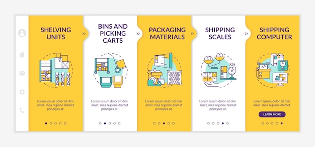 Onboarding-vorlage für lagerhaus. versand computer. mülleimer und kommissionierwagen. versandwaage. reaktionsschnelle mobile website mit symbolen. walkthrough-schrittbildschirme für webseiten. rgb-farbkonzept