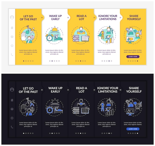 Onboarding-vorlage für tipps zur selbstentwicklung. responsive mobile website mit symbolen