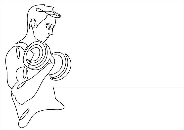 One Line Drawing oder Continuous Line Athletic Guy beim Heben von Gewichten und Bodybuilder-Training.