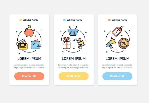 Oneboarding-app-bildschirmkarten e-commerce-set-vektor
