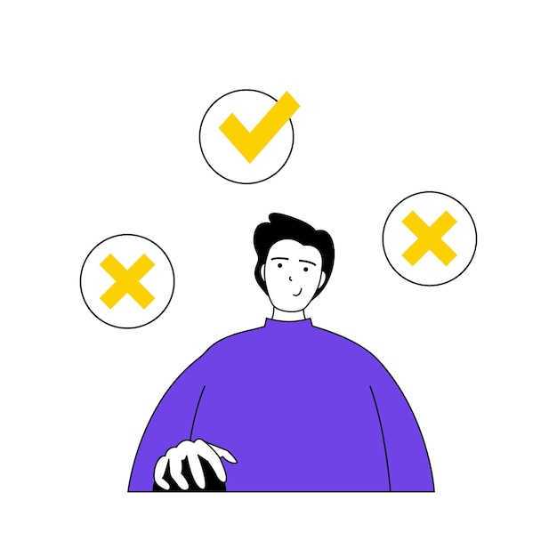 Online-Abstimmungskonzept mit Cartoon-Menschen in flachem Design für das Web. Der Mensch beteiligt sich an der demokratischen Abstimmung, wählt und wendet Checkbox-Vektorillustration für Social-Media-Banner-Marketingmaterial an