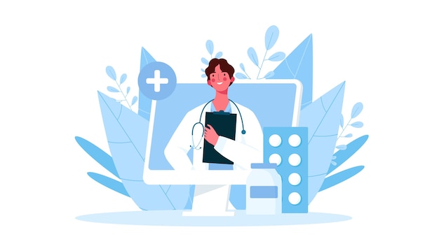 Online ärztliche Beratung, Unterstützung. Online-Arzt. Gesundheitsdienstleistungen. Illustration