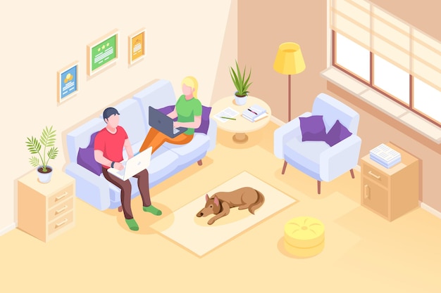 Online-Arbeit und Home-Office-Paar-Freiberufler, die mit Laptops arbeiten, die auf dem isometrischen Sofavektor sitzen