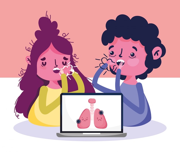 Vektor online-arzt, patienten mit fieber husten und laptop-lungenentzündung krankheit 19