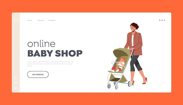 Online baby shop landing page template mutterschaftskonzept junge mutter und kleines baby im kinderwagen gehen zusammen