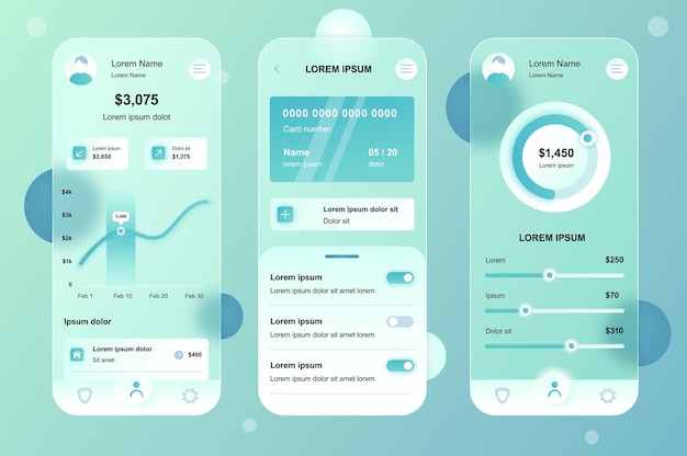 Online-banking glassmorphic design neumorphic elemente kit für mobile app ui ux gui bildschirme eingestellt