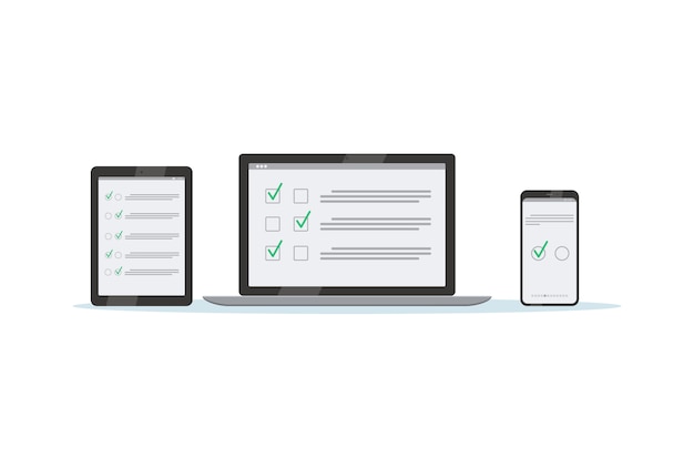 Vektor online-befragung. laptop, tablet und telefon