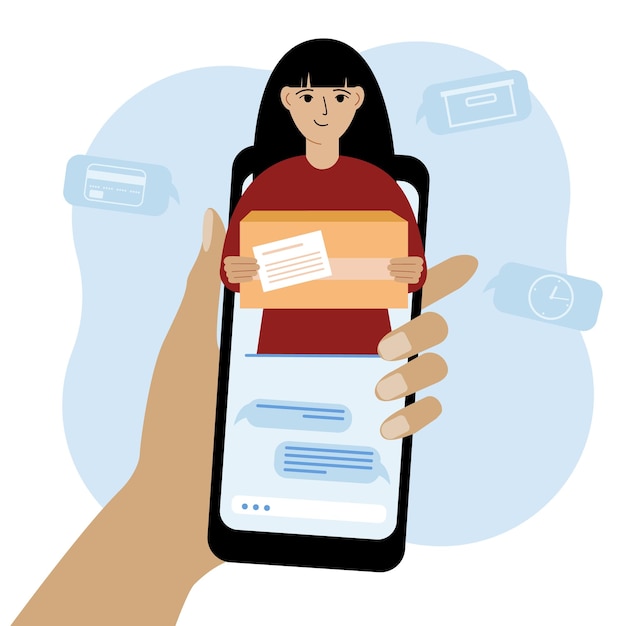 Online-Beratung zur Warenlieferung Handy mit Korrespondenz mit dem Zustelldienst Zusteller mit Kiste