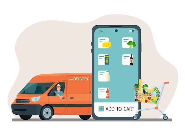 Online-Bestellung und Lieferung von Lebensmitteln. Smartphone, App, Einkaufswagen und Transporter.