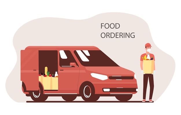 Online-Bestellung und Lieferung von Speisen. Kurier- und Frachtwagen. Vektor-Illustration.