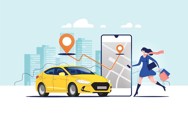 Vektor online-bestellung von taxis und mieten oder teilen mit der mobilen serviceanwendung