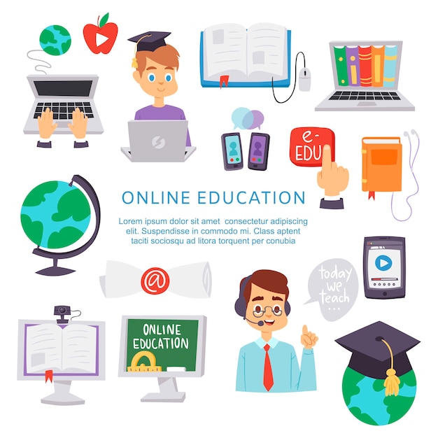 Online-bildung, e-learning-wissenschaftsillustrationsplakat.