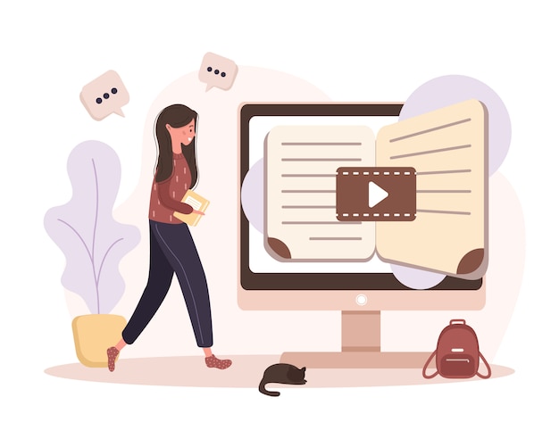 Online-bildung. konzept der schulung und video-tutorials. schüler lernen zu hause. illustration für website-banner, marketingmaterial, präsentationsvorlage, online-werbung.