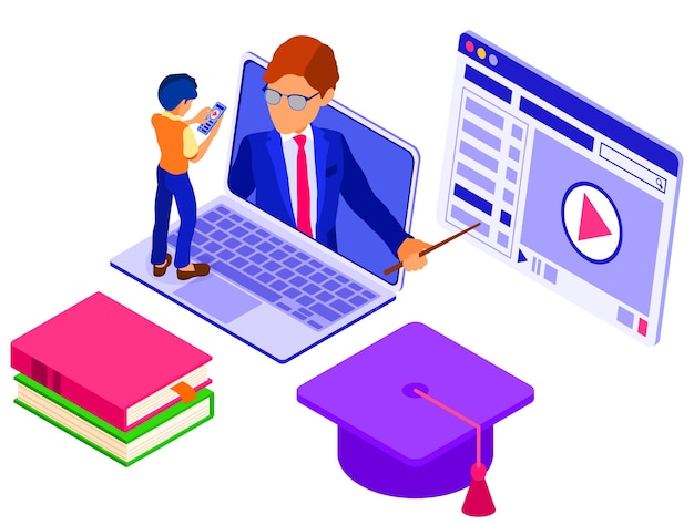 Online-Bildung oder Fernprüfung mit isometrischem Zeichen Internetkurs von zu Hause aus