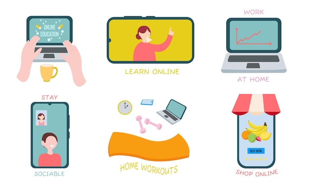 Vektor online-bildung online-shopping video-chat online-workout home office