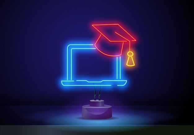 Online-bildung schule neon symbol bildung laptop neon helle schild vektor stock illustration