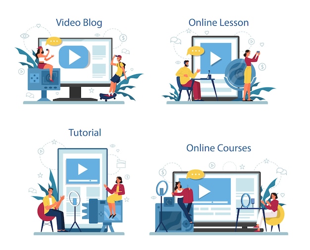 Online-bildung und video-blogging-service oder -plattform auf verschiedenen gerätekonzepten. video-tutorial, online-kurs und blog.