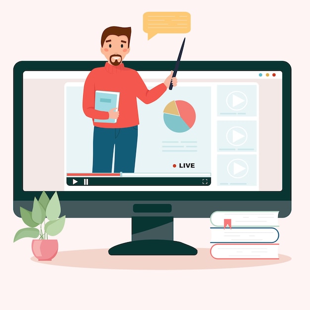 Vektor online-bildungsdesign video mit lehrer auf dem computermonitor
