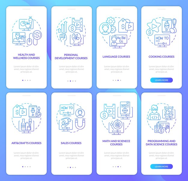 Online-Bildungsfelder blauer Farbverlauf beim Onboarding mobiler App-Bildschirmsets